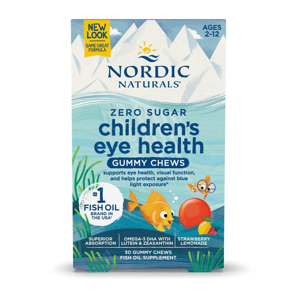 Nordic Naturals Children's Eye Health Gummies packaging featuring strawberry lemonade flavor for kid-friendly Omega-3 enjoyment.