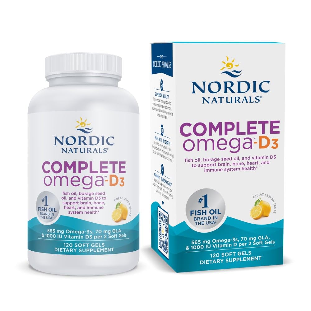 Nordic Naturals Complete Omega-D3 lemon bottle hints at balanced omegas for daily wellness.
