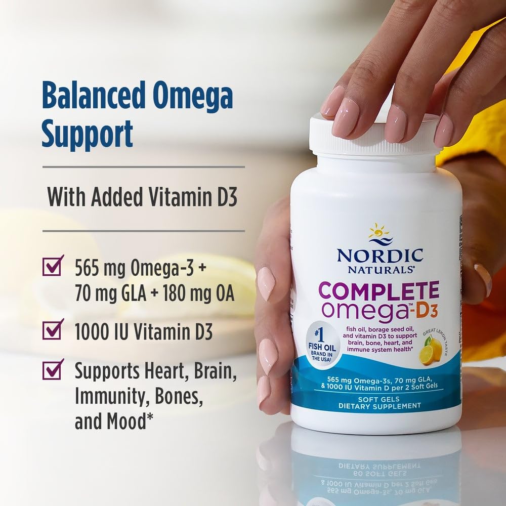 Nordic Naturals Complete Omega-D3 lemon ingredients graphic highlighting EPA, DHA, D3, and GLA.