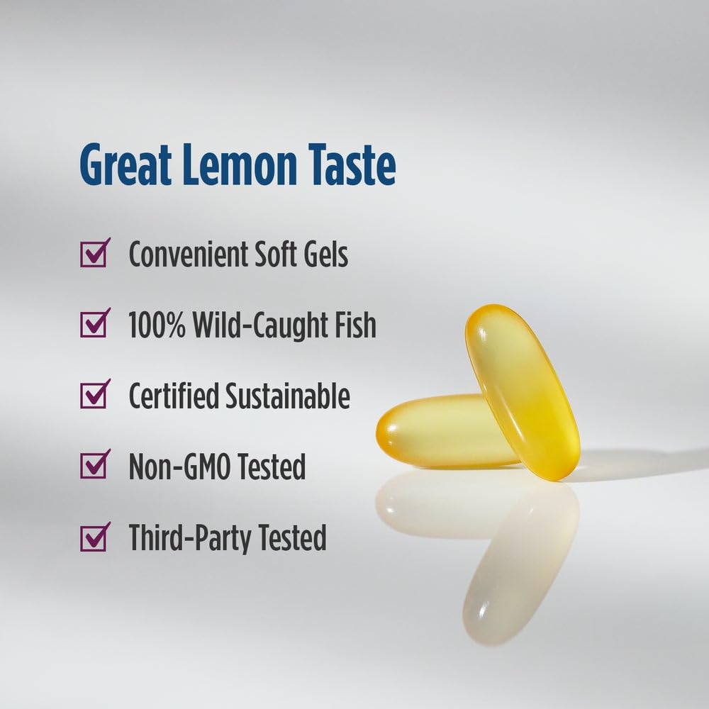Nordic Naturals Complete Omega-D3 lemon pills close-up emphasizes easy-to-swallow soft gels.