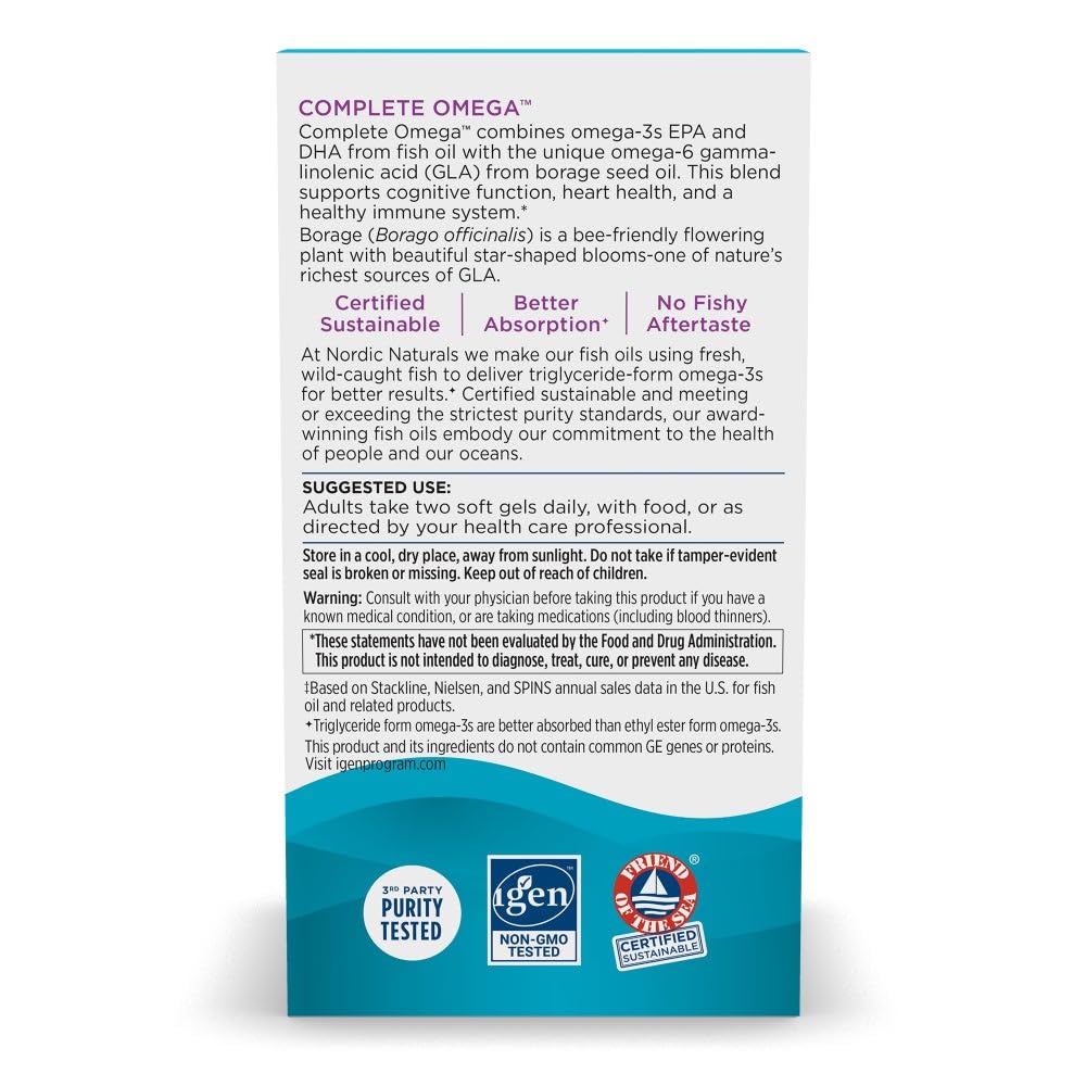 Nordic Naturals Complete Omega lemon bottle label showing non-GMO and purity