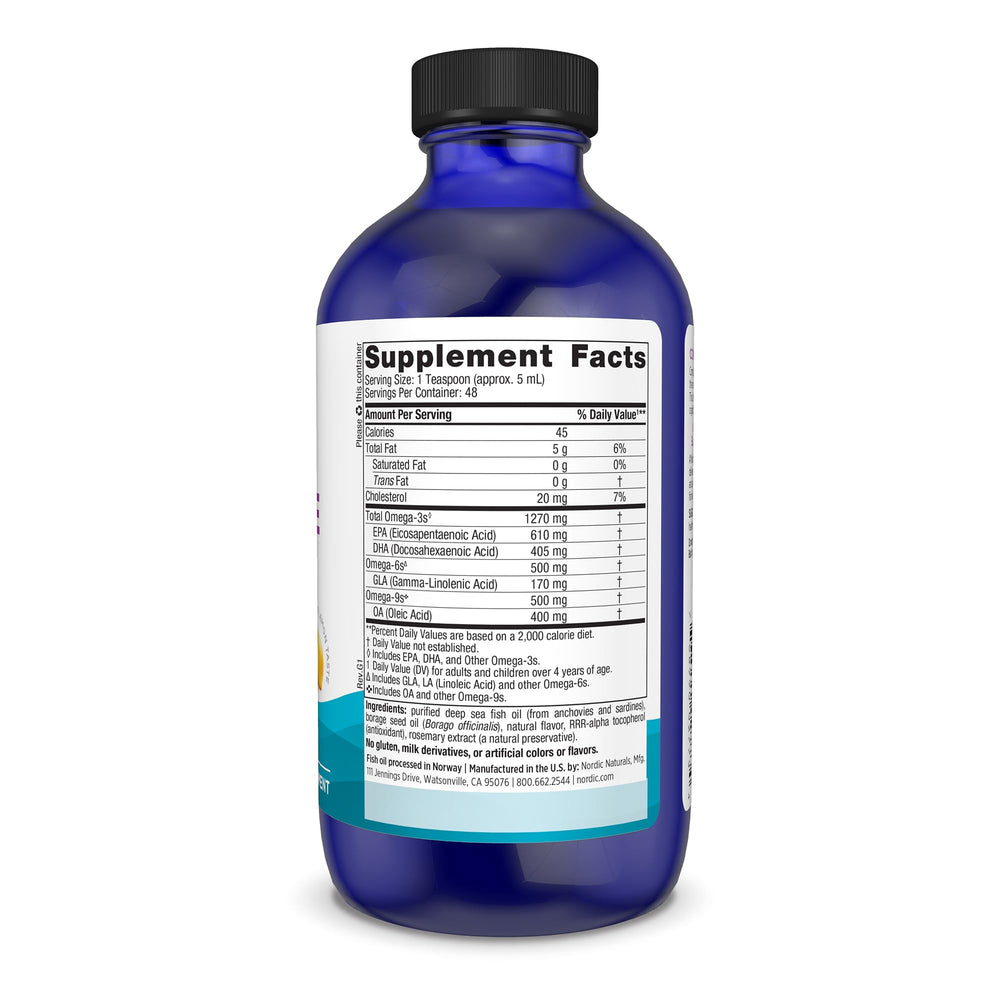 Nordic Naturals Complete Omega lemon label closeup highlights ingredients and purity.