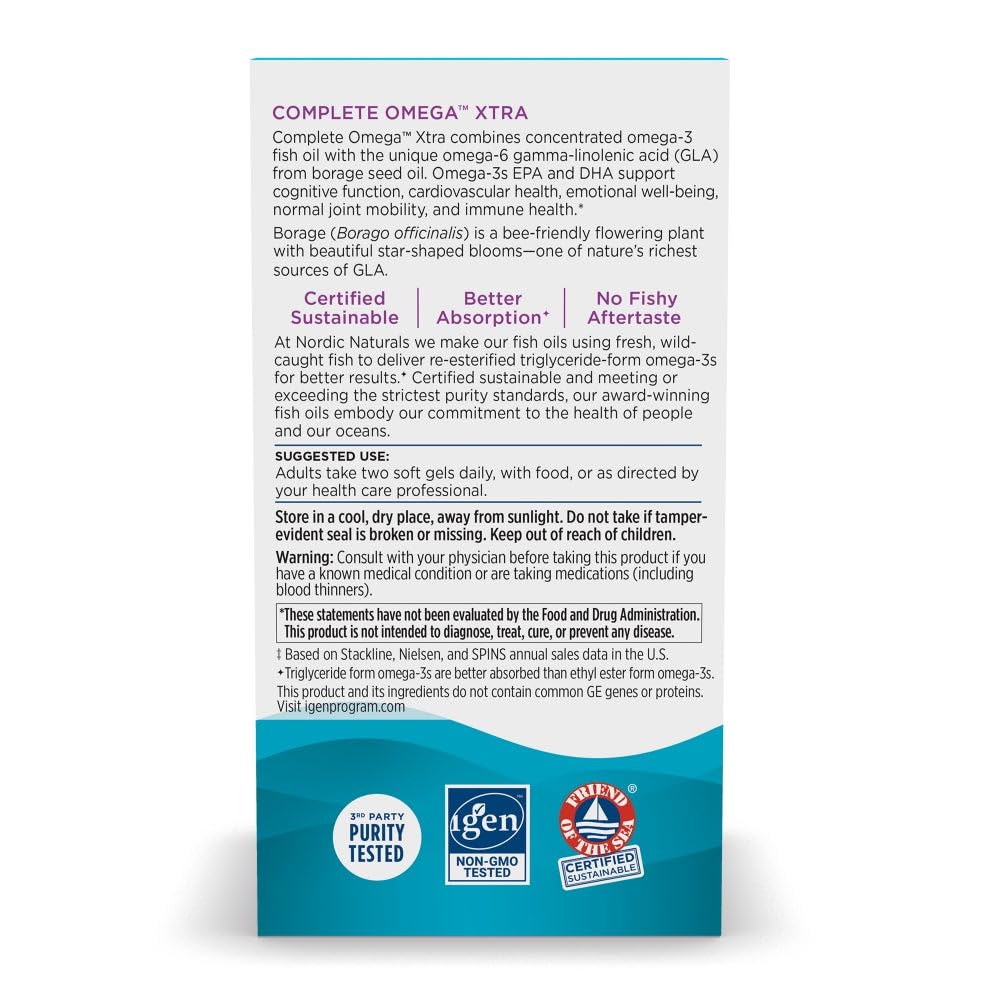 Nordic Naturals Complete Omega Xtra lemon label highlights non-GMO and purity