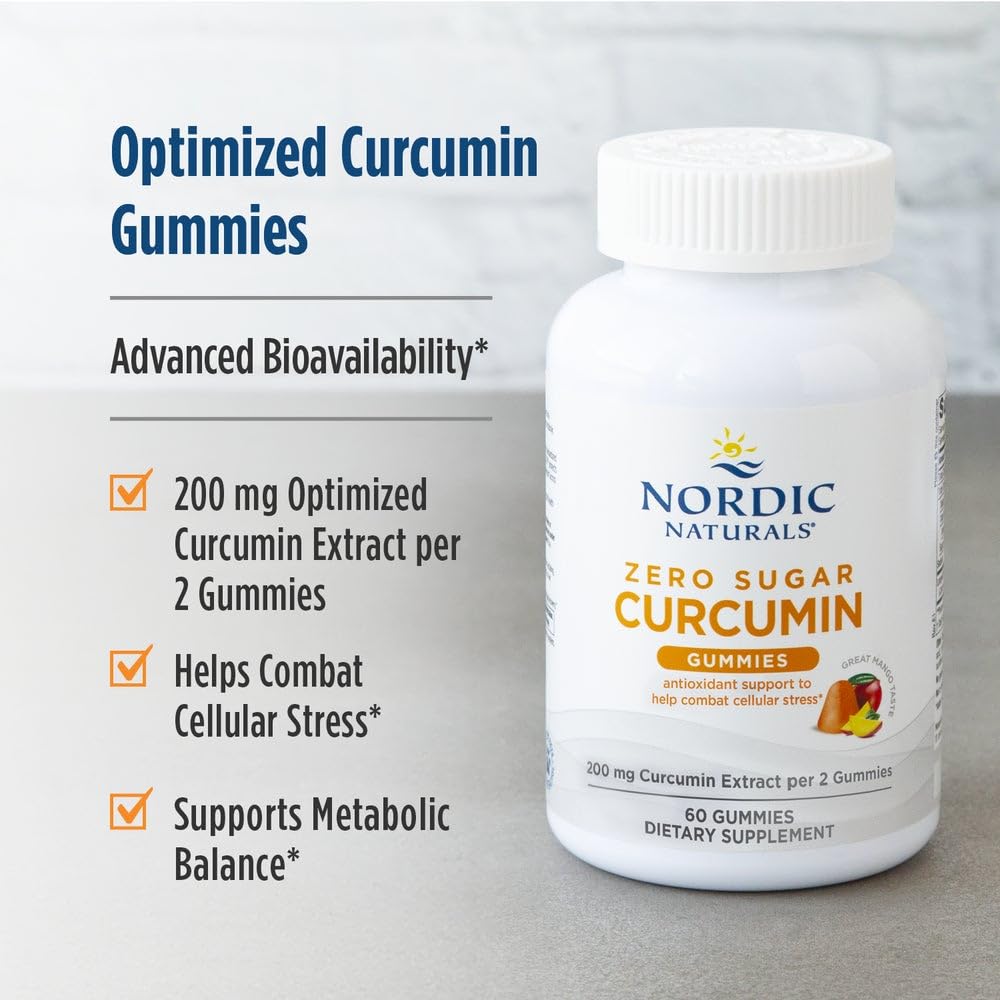 Nordic Naturals curcumin gummies gluten and dairy-free icons on packaging.