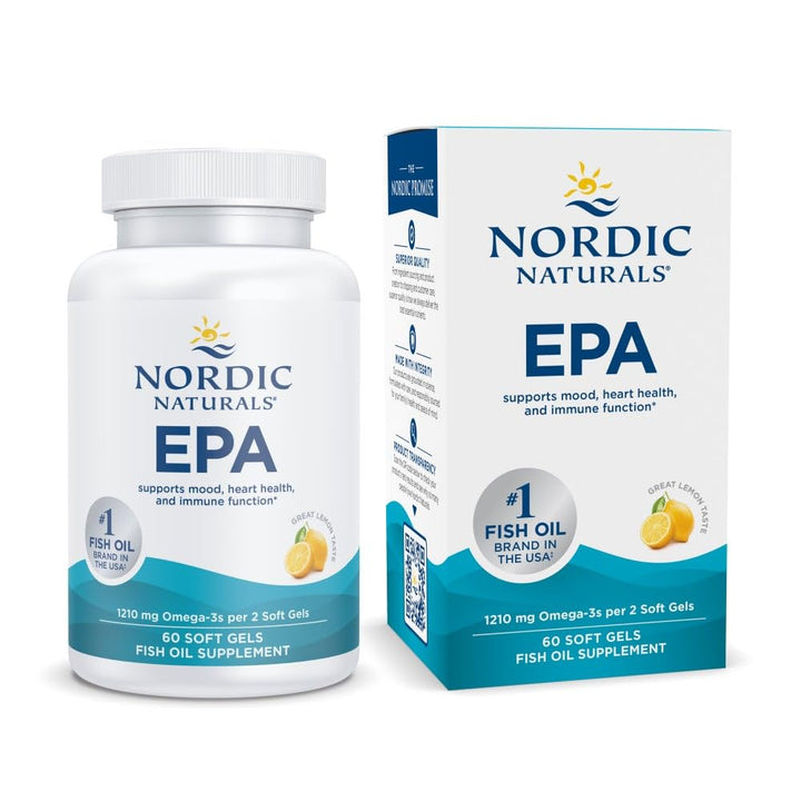 Nordic Naturals EPA Lemon bottle front highlighting lemon flavor and EPA-rich omega-3.