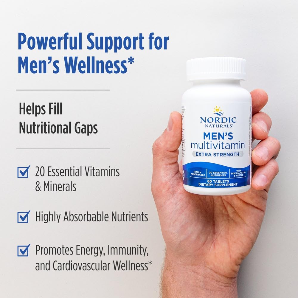 Nordic Naturals Men’s Multivitamin Extra Strength bottle with tablets on desk