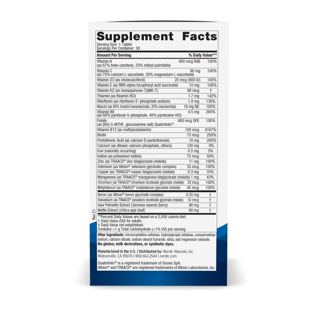 Nordic Naturals Men's Multivitamin One Daily tablet close-up highlighting chelated minerals