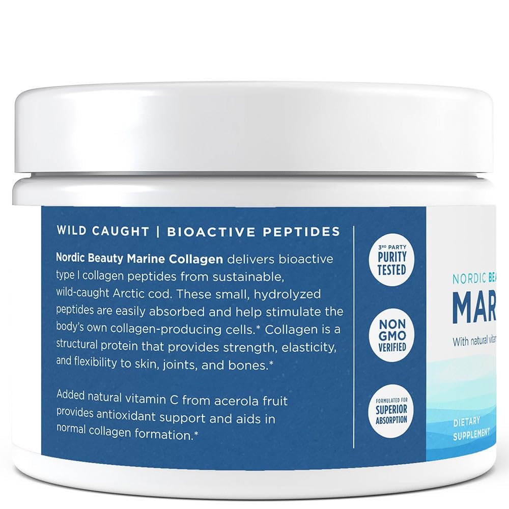 Nordic Naturals Nordic Beauty tub front view highlighting size and branding.