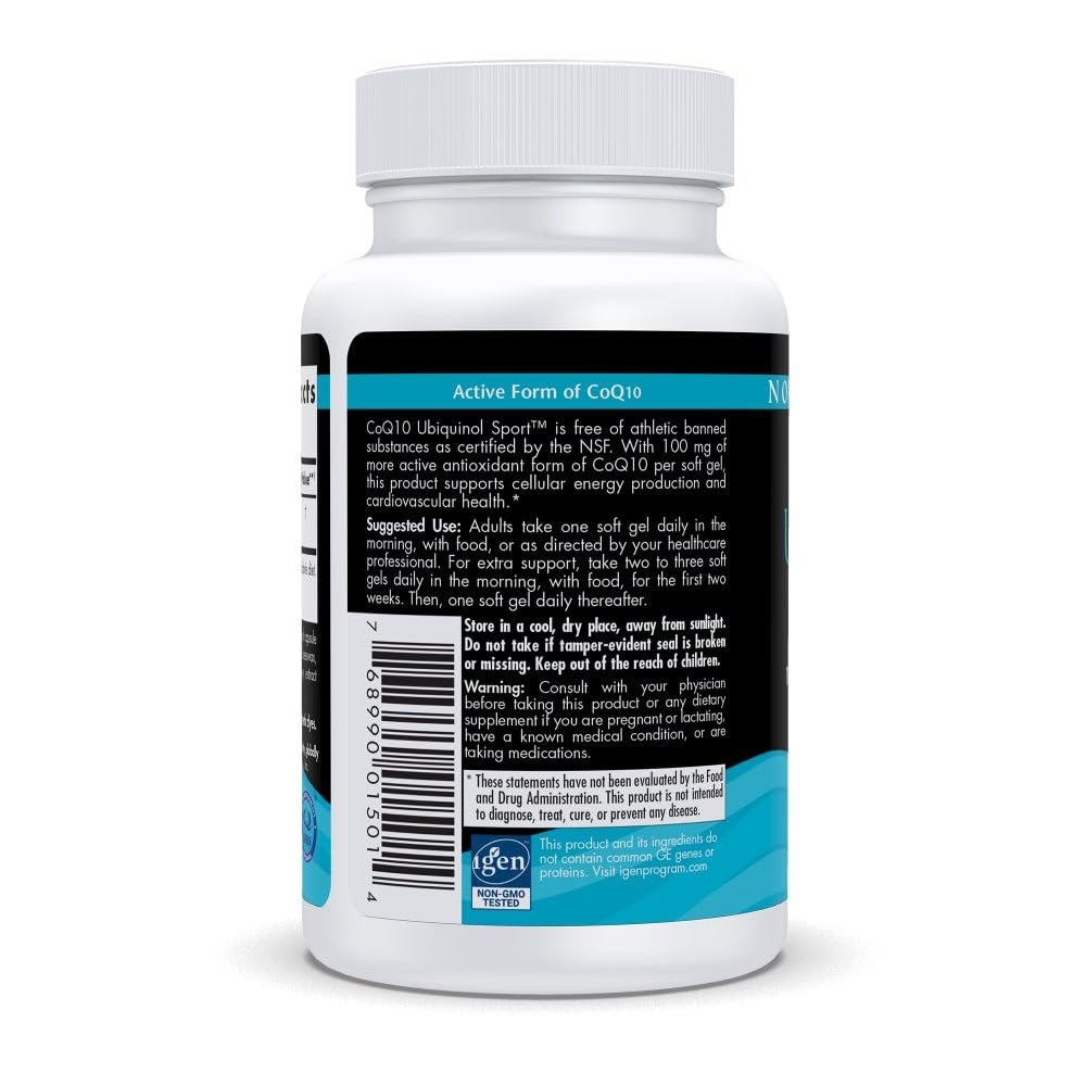 Nordic Naturals CoQ10 Ubiquinol Sport label front emphasizes purity and quality.