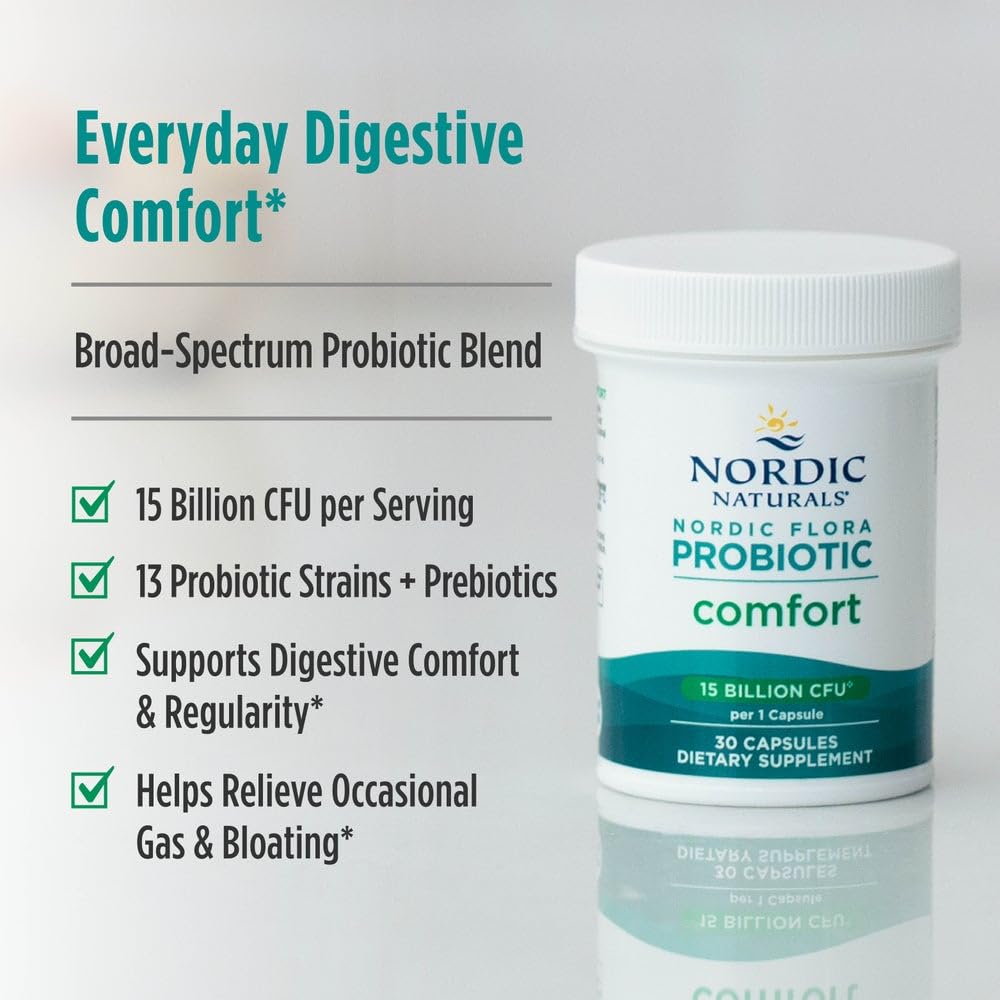 Nordic Naturals Nordic Flora Probiotic Comfort ingredients panel with strains and cultures
