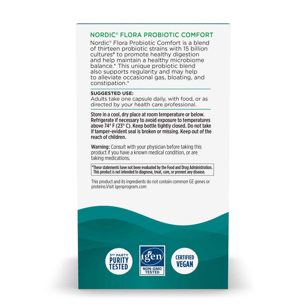 Nordic Naturals Nordic Flora Probiotic Comfort label highlights 13 strains and 15B cultures