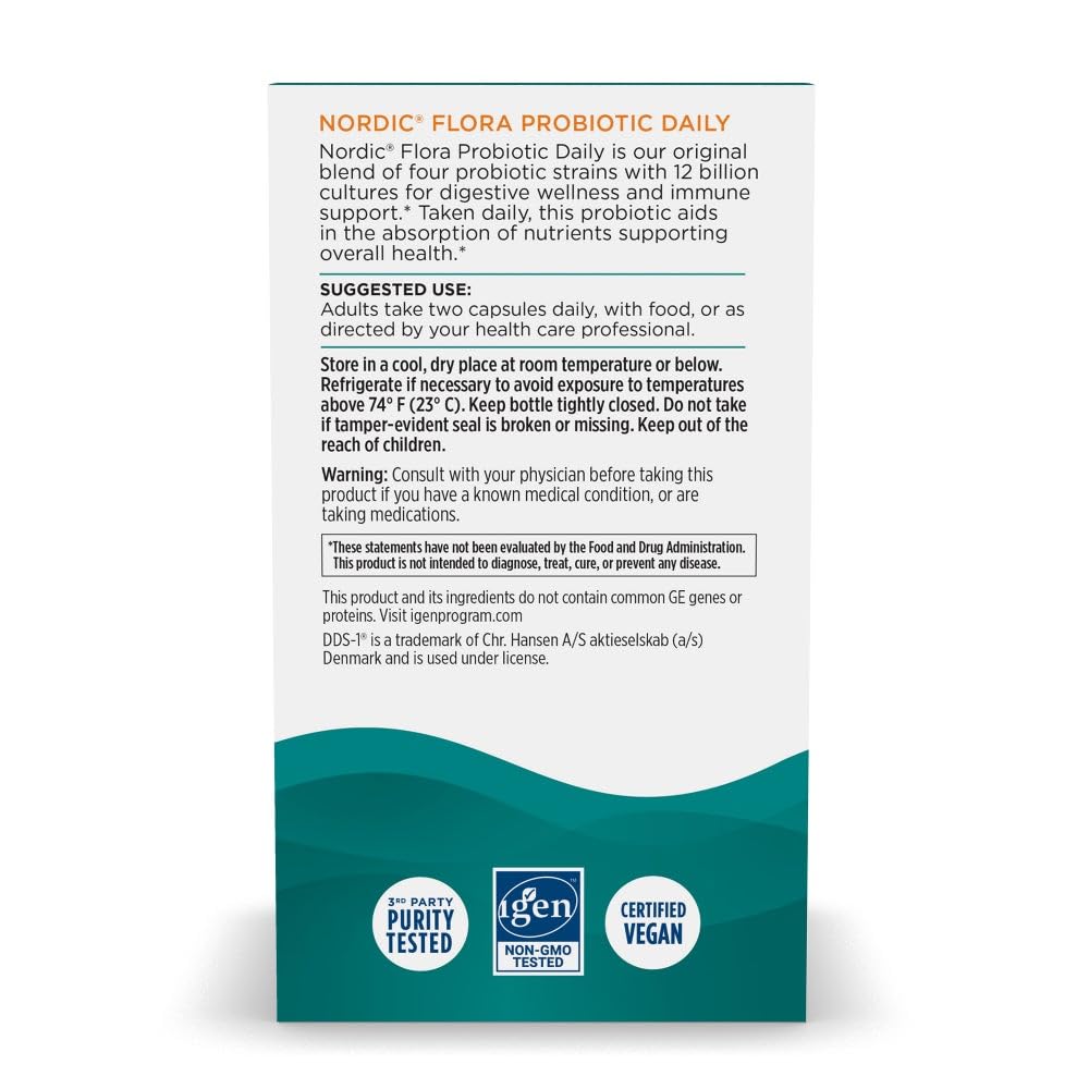 Label close-up of Nordic Flora Probiotic Daily highlighting ingredients