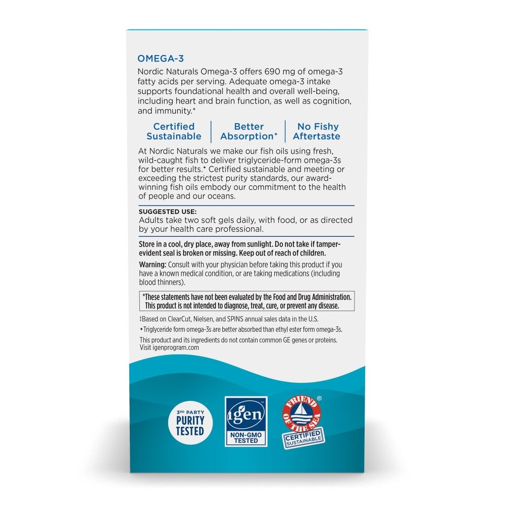 Nordic Naturals Omega-3 bottle label detail showing purity and non-GMO promise.