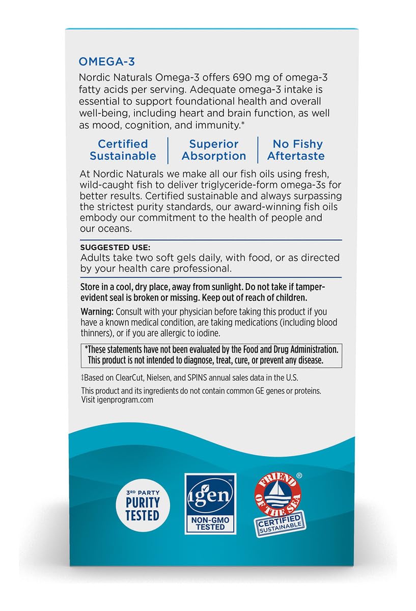 Nordic Naturals Omega-3 lemon-flavor bottle label highlights purity and non-GMO ingredients.