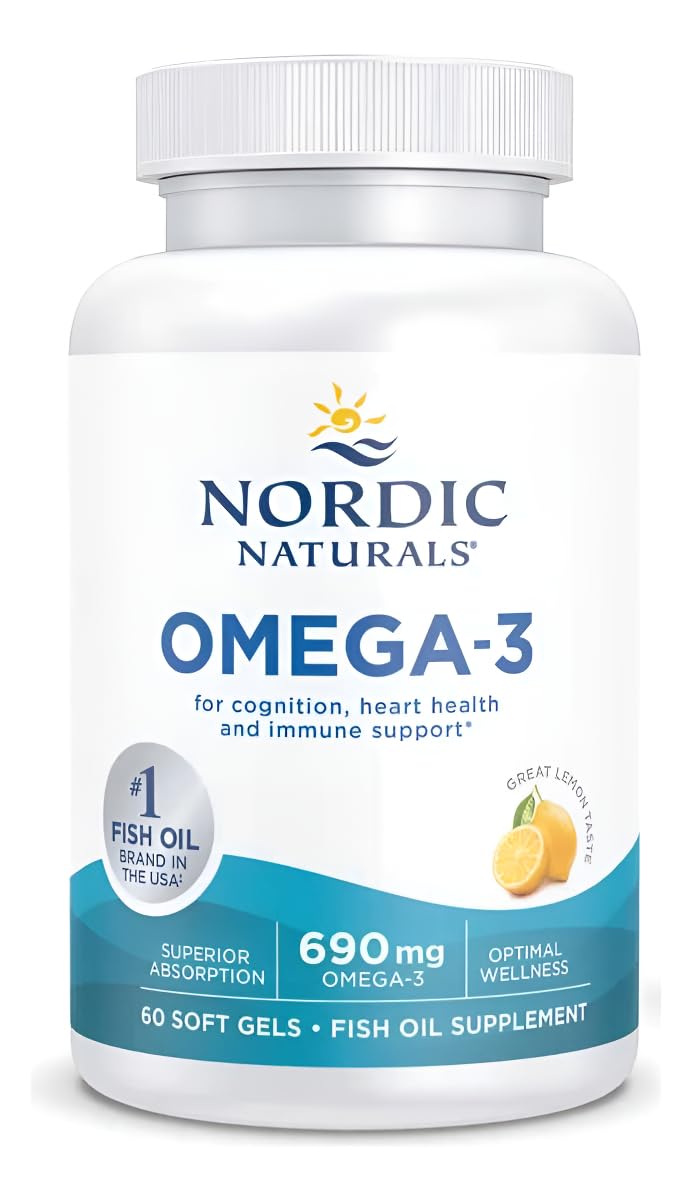 Nordic Naturals Omega-3 lemon bottle with bright label promotes daily heart and brain support.