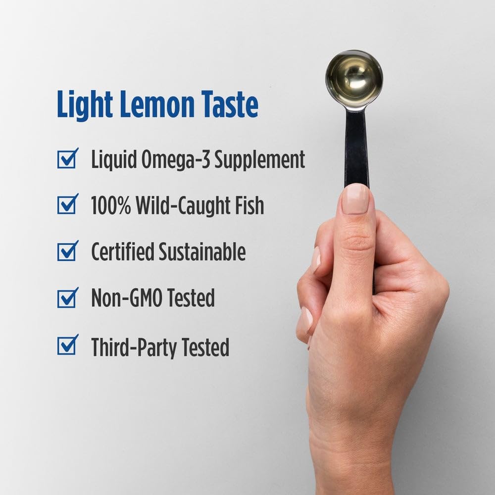 Nordic Naturals Omega-3 lemon glass bottle ready for daily use.