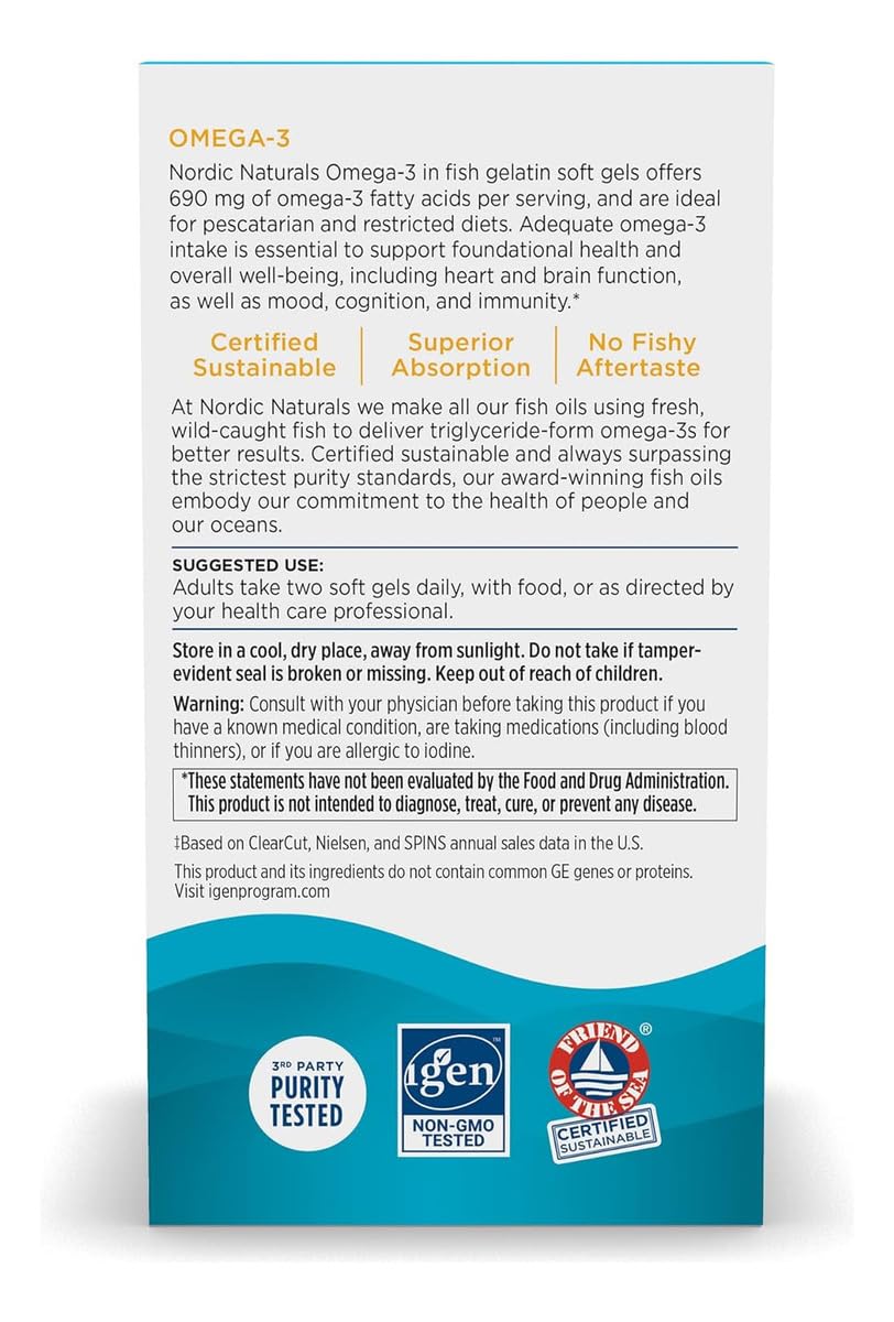 Nordic Naturals Omega-3 lemon label highlighting non-GMO purity.