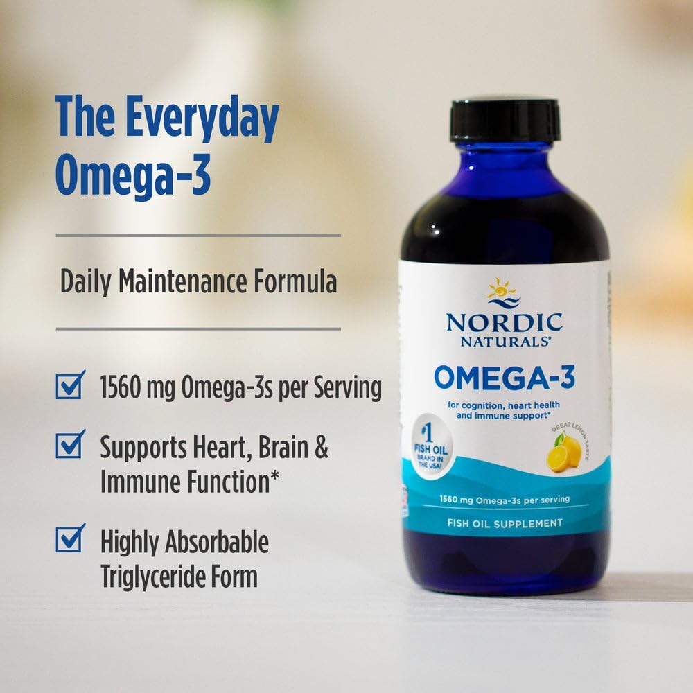 Nordic Naturals Omega-3 lemon packaging highlights non-GMO and sustainability.