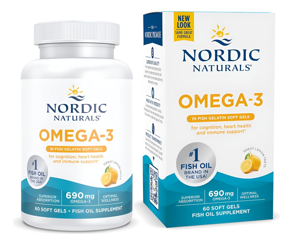 Nordic Naturals Omega-3 lemon softgels bottle front for daily heart and brain support.