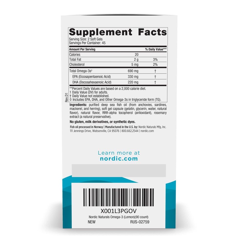 Closeup of Nordic Naturals Omega-3 lemon softgels with clear citrus flavor.