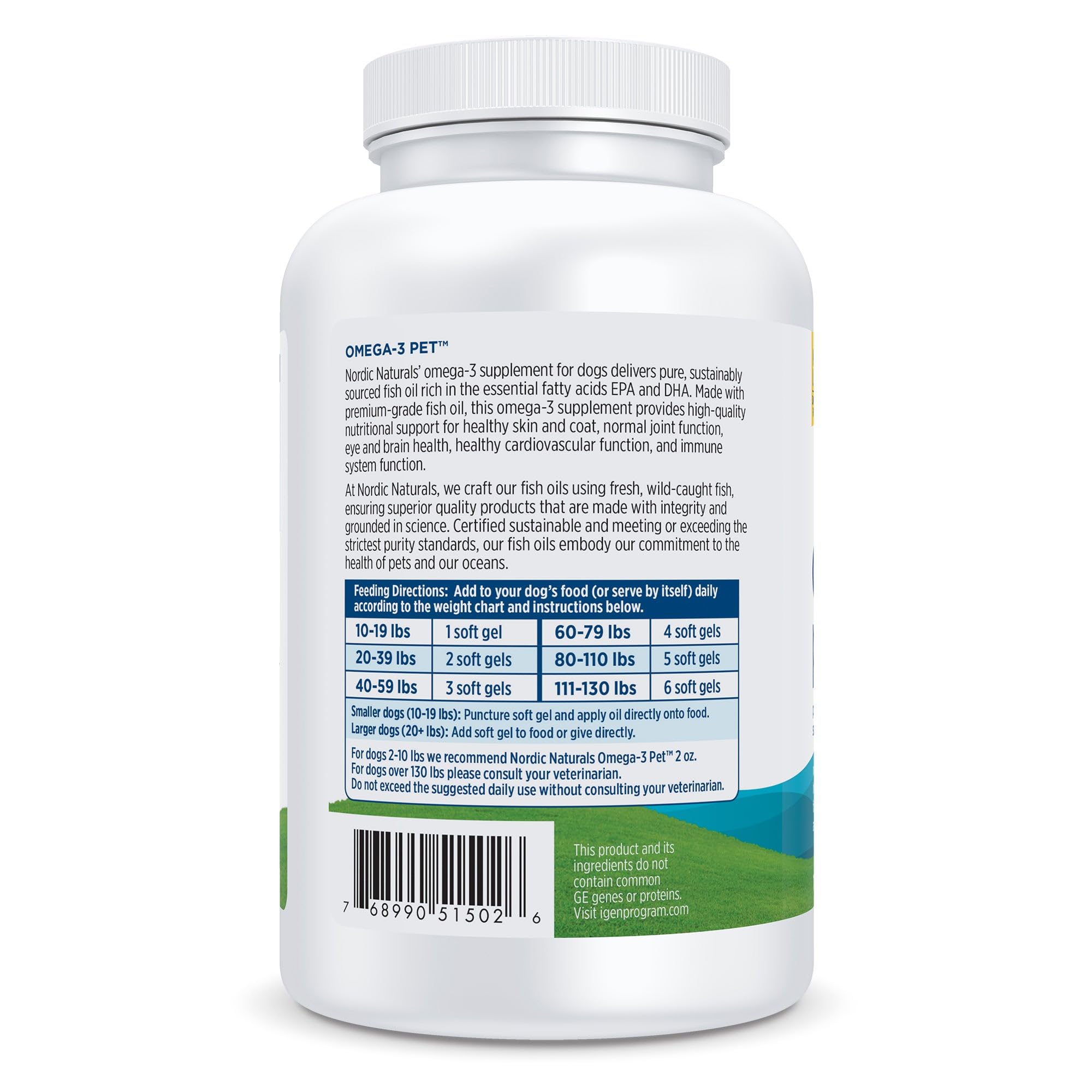 Nordic Naturals Omega-3 Pet dog with bottle, illustrating simple daily supplementation