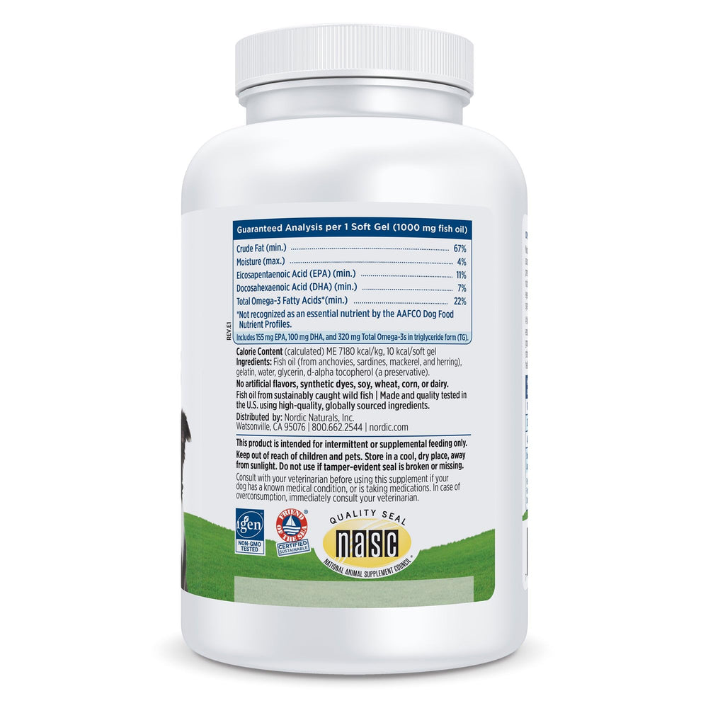 Close-up of Nordic Naturals Omega-3 Pet soft gels, highlighting purity and quality for pets