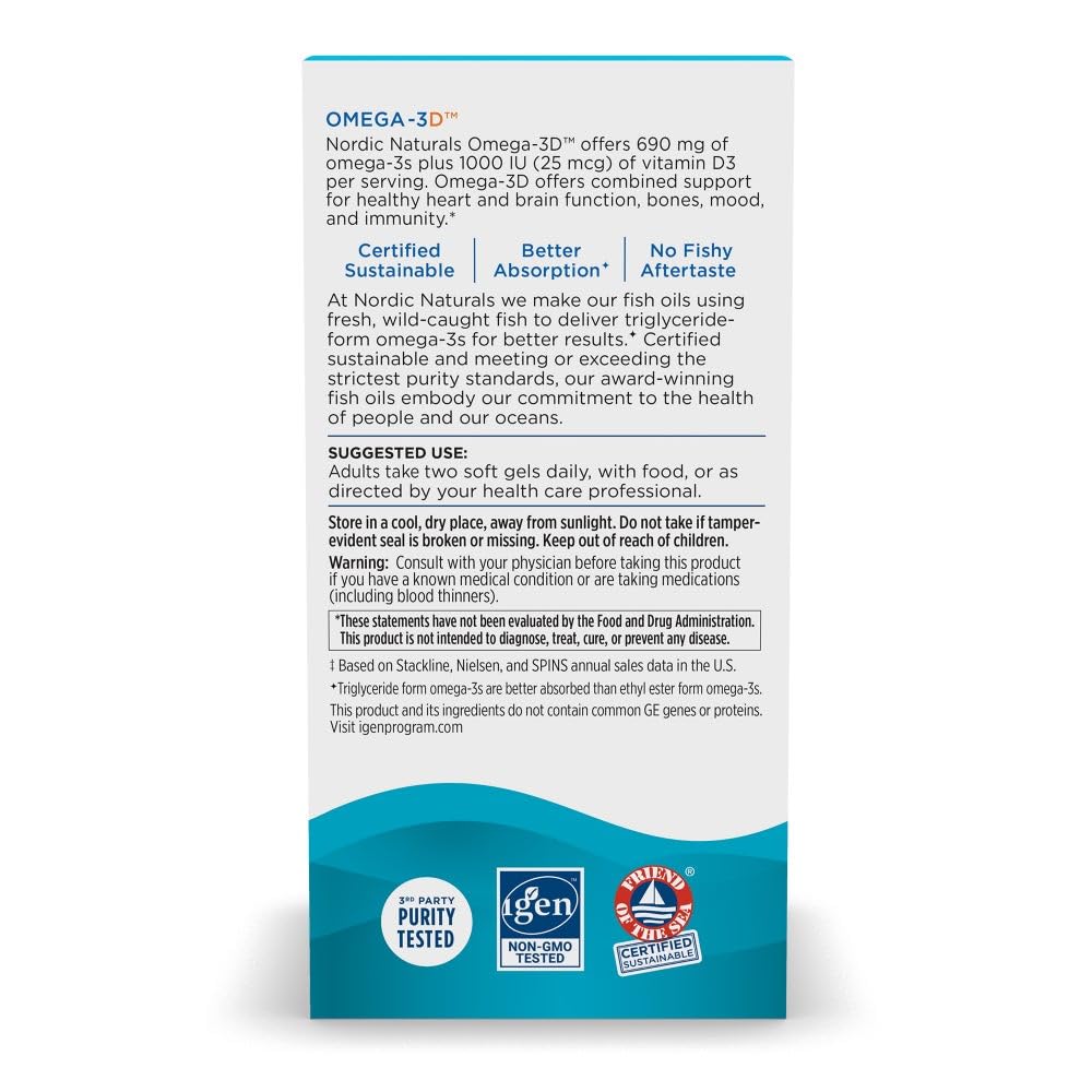Nordic Naturals Omega-3D label close-up highlighting EPA & DHA benefits.