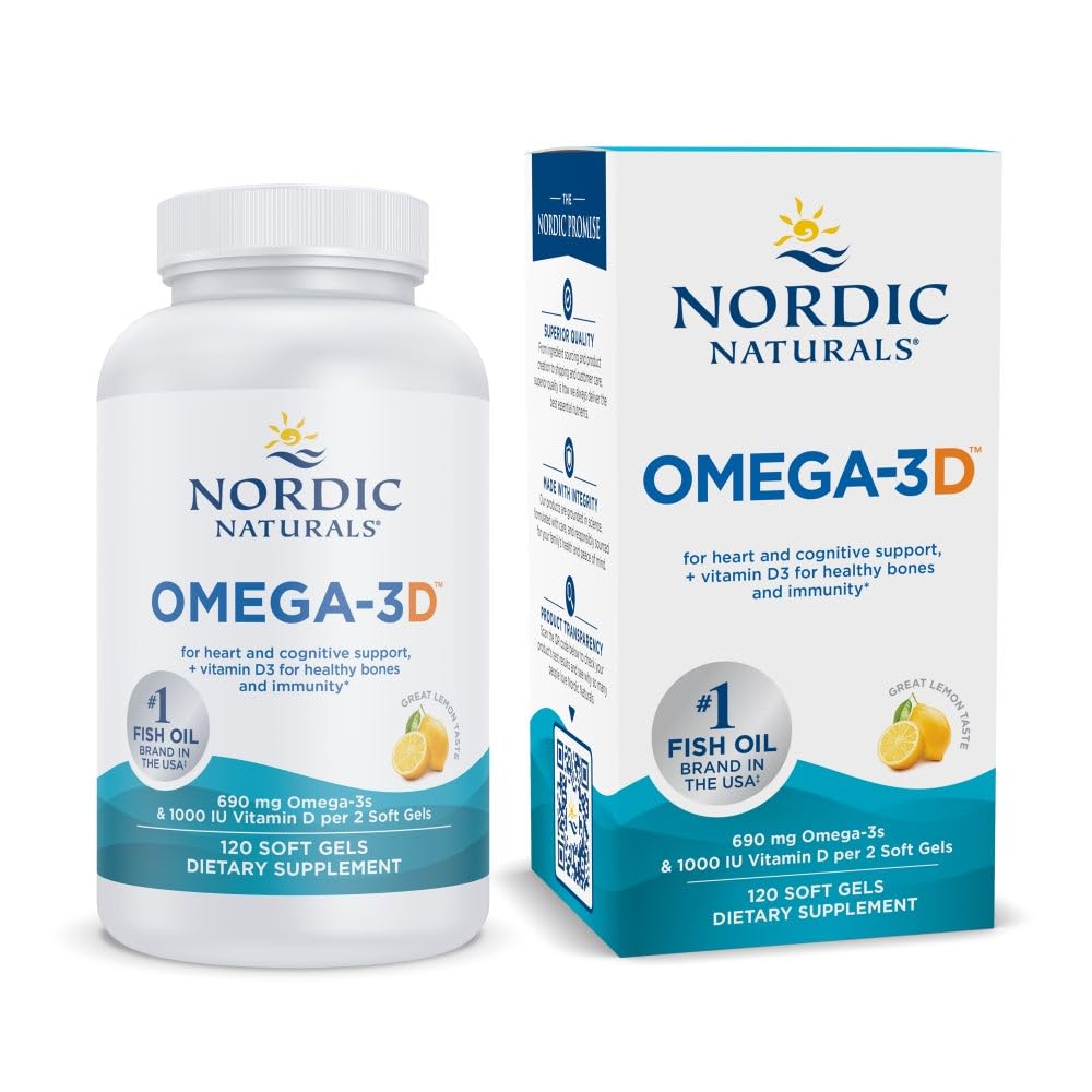 Nordic Naturals Omega-3D lemon bottle shown for daily heart and brain support.
