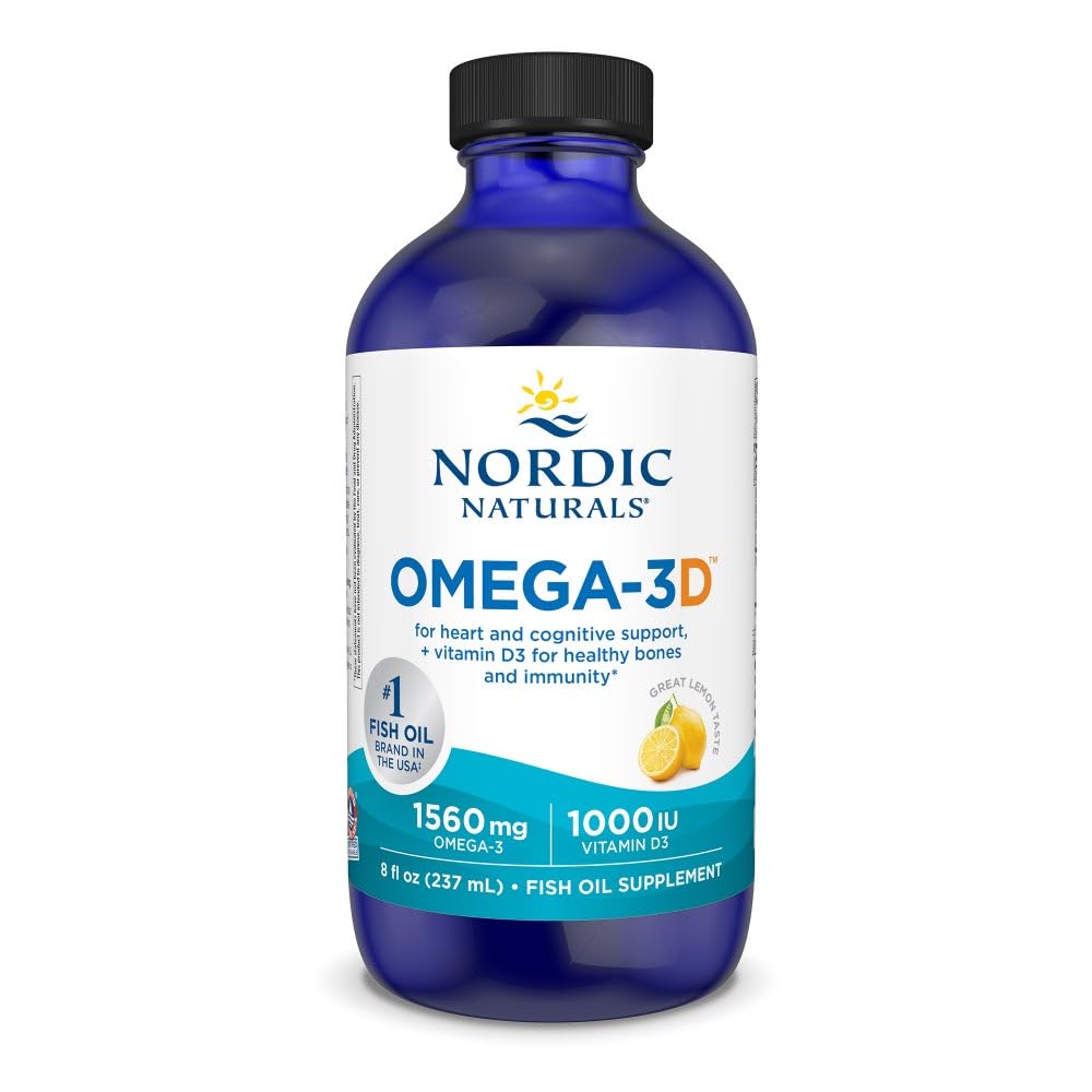 Nordic Naturals Omega-3D lemon bottle labeled for easy daily omega-3 intake.