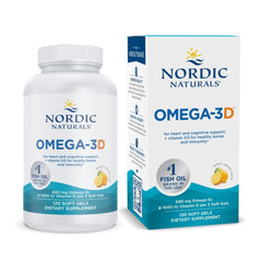 Nordic Naturals Omega-3D lemon bottle shown for daily heart and brain support.