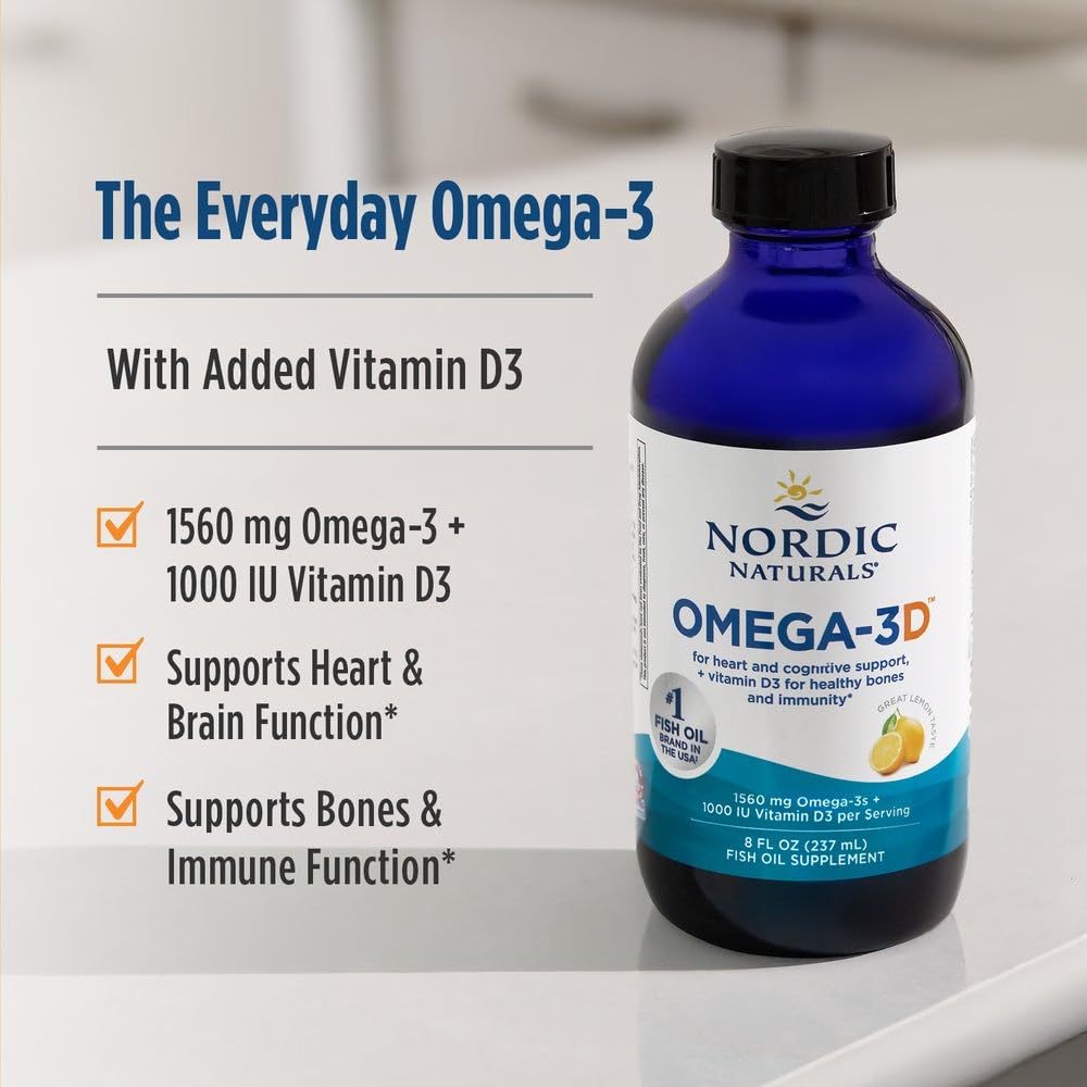 Nordic Naturals Omega-3D lemon dropper releasing oil emphasizes triglyceride form for absorption.