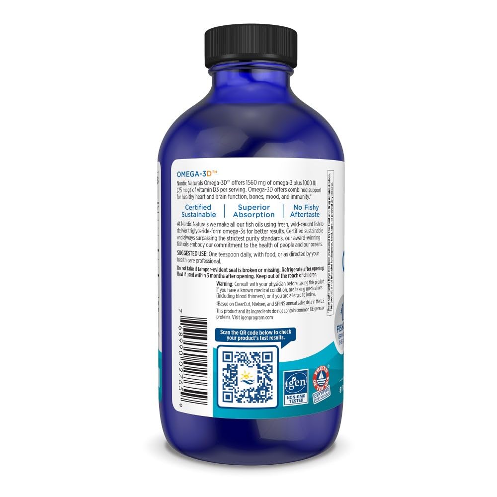Nordic Naturals Omega-3D lemon label close-up highlights purity and non-GMO ingredients.