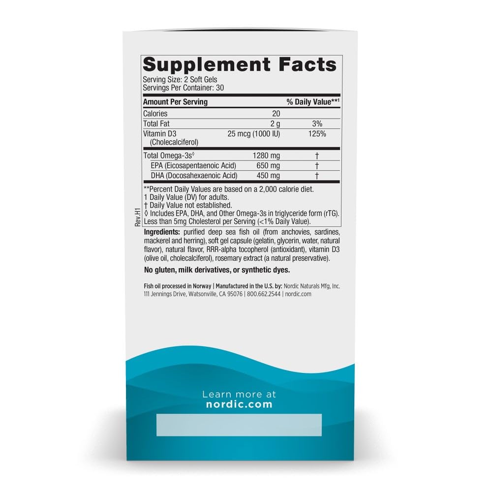 Nordic Naturals Omega-D3 soft gels close-up; lemon flavor for easy daily use.