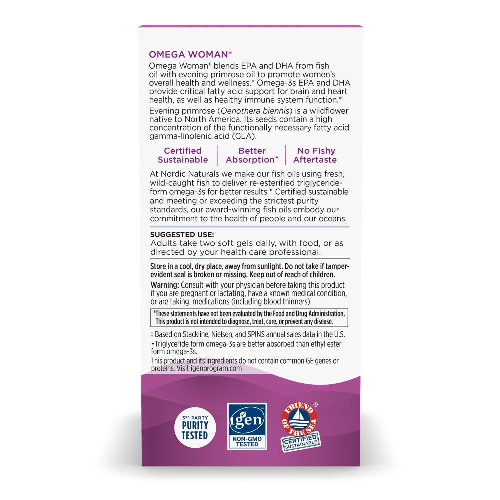 Nordic Naturals Omega Woman label close-up shows non-GMO and gluten-free formulation.