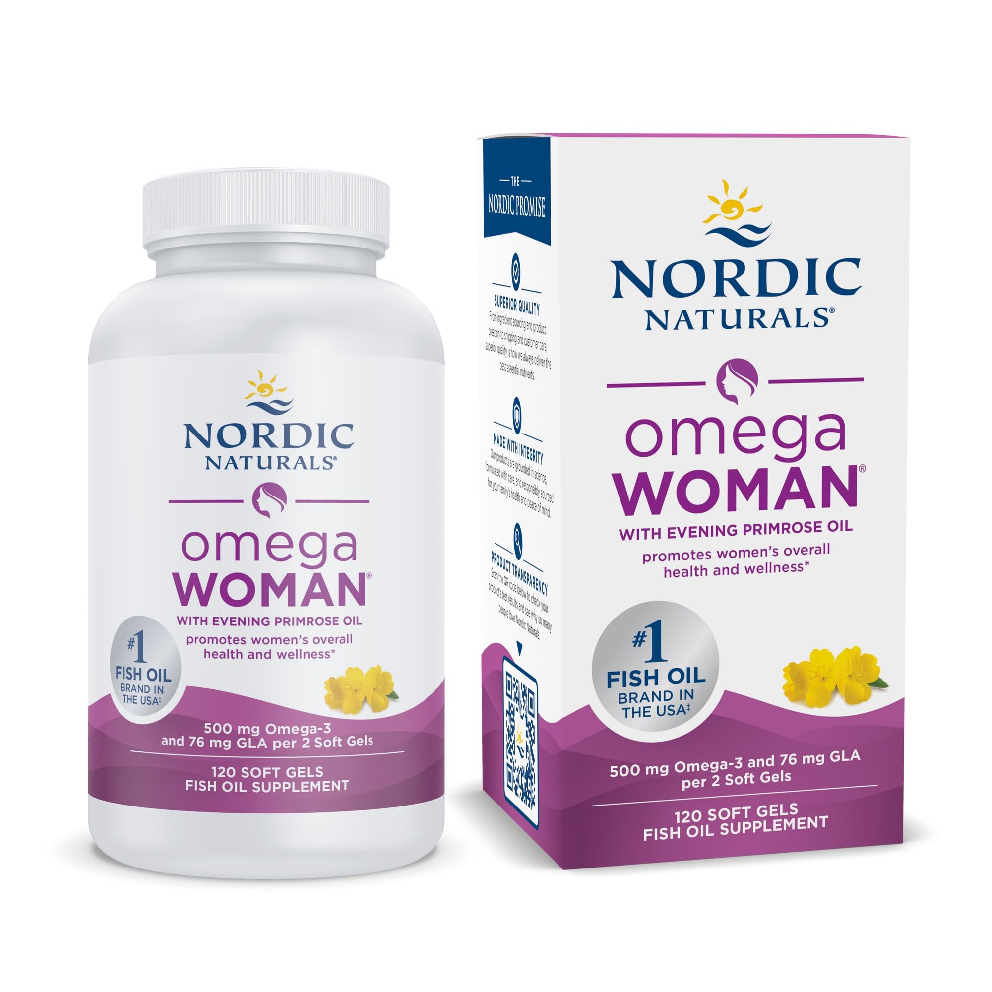 Nordic Naturals Omega Woman lemon bottle promotes a refreshing omega-3 and evening primrose blend for skin health.