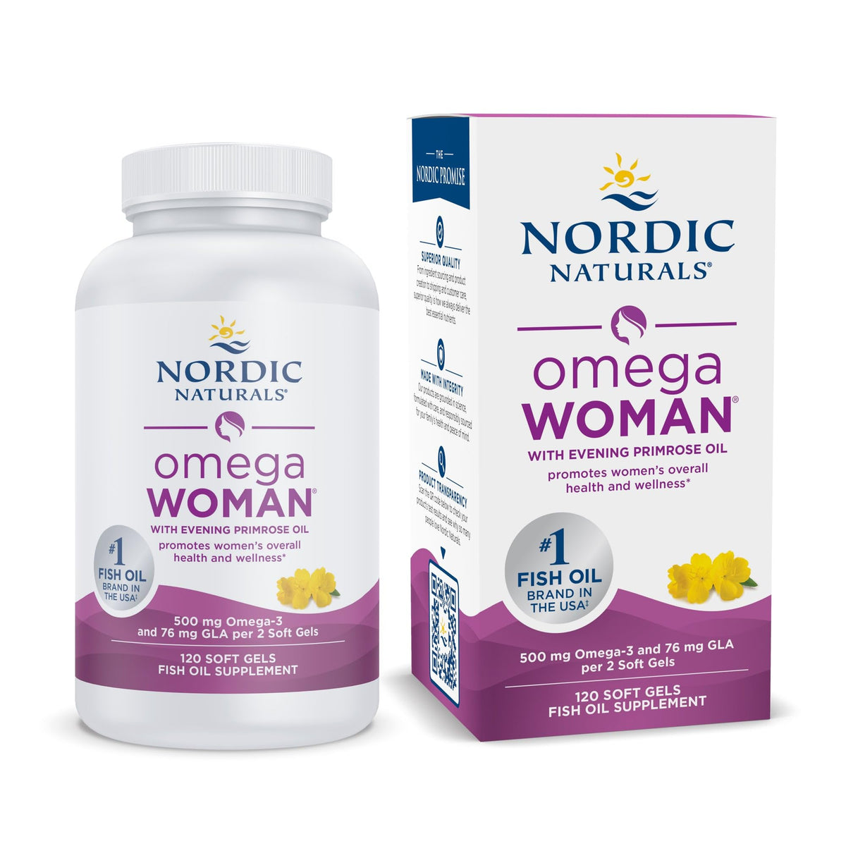 Nordic Naturals Omega Woman lemon bottle promotes a refreshing omega-3 and evening primrose blend for skin health.