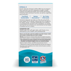 Nordic Naturals Omega-3 bottle on a counter highlighting purity and non-GMO ingredients.