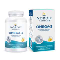 Nordic Naturals Omega-3 lemon bottle with soft gels for daily heart and brain support.