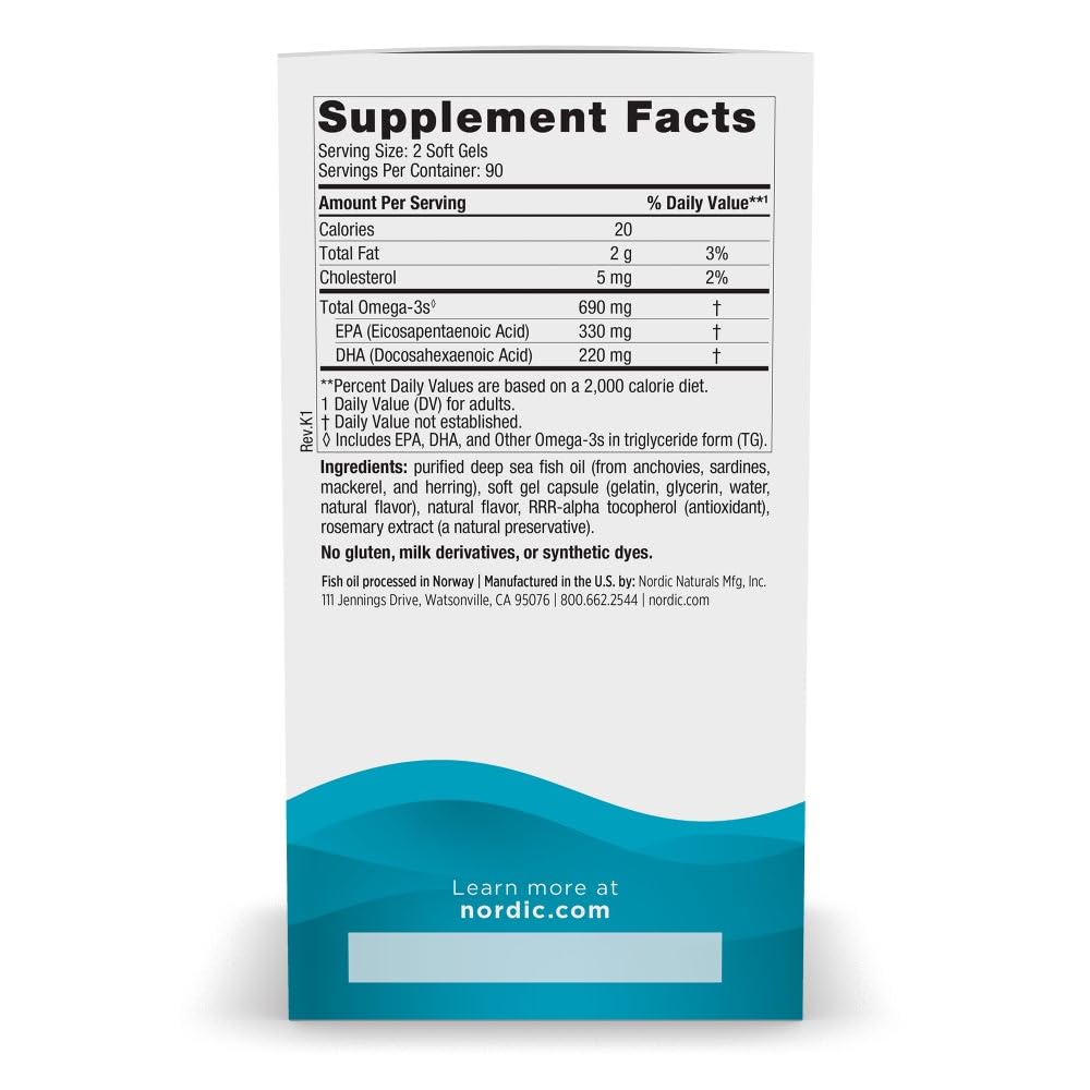 Nordic Naturals Omega-3 softgels poured into a glass for easy daily dosage.