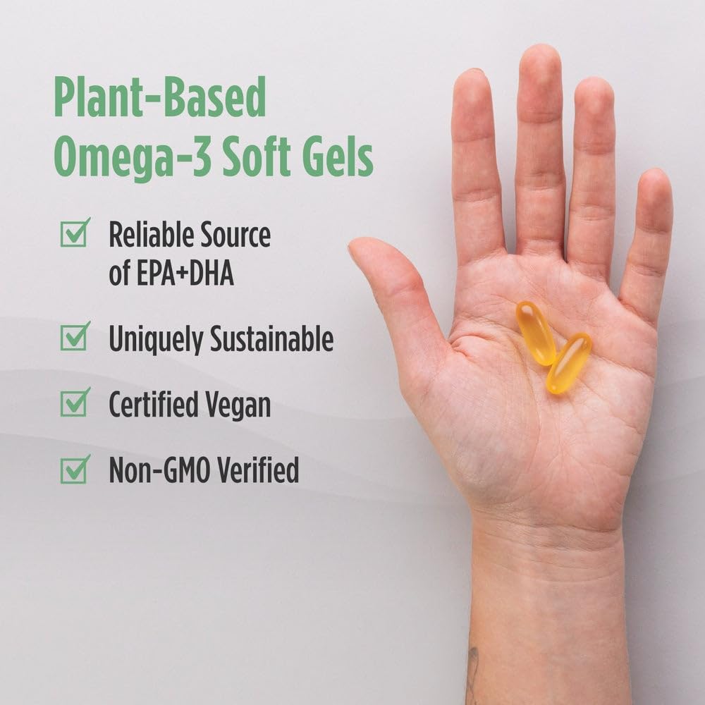 Close-up of soft gels in bottle reveals lemon-flavored vegan omega-3.