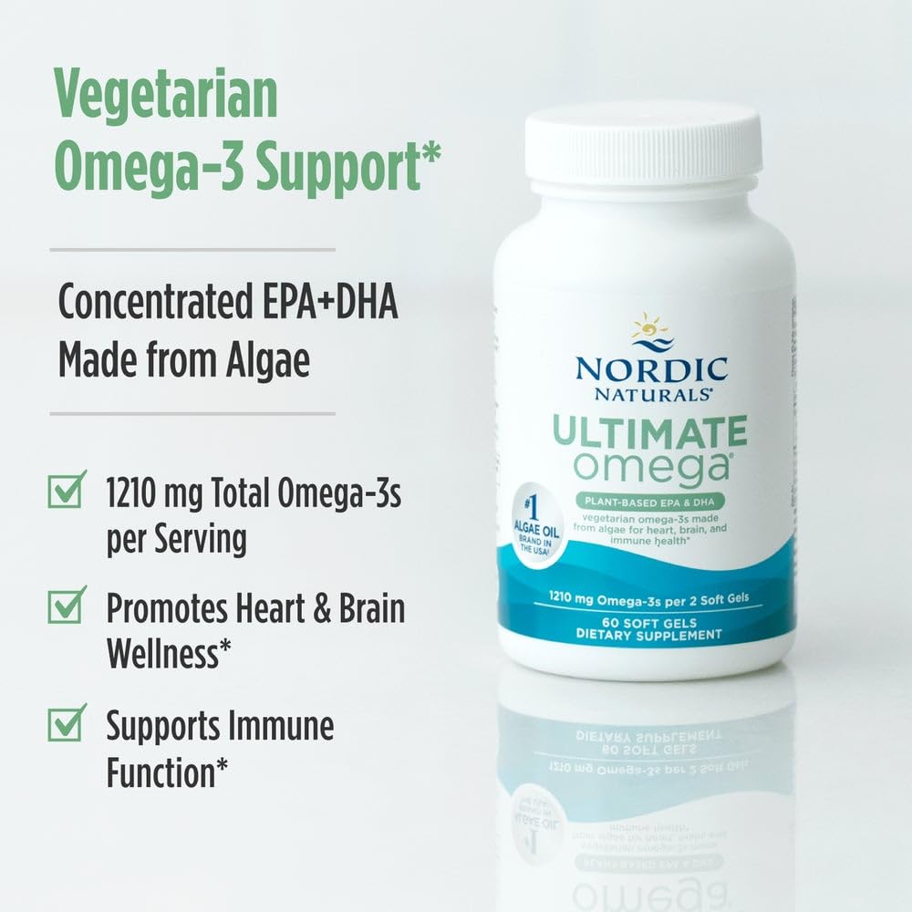 Open Nordic Naturals plant-based omega-3 bottle with label visible.