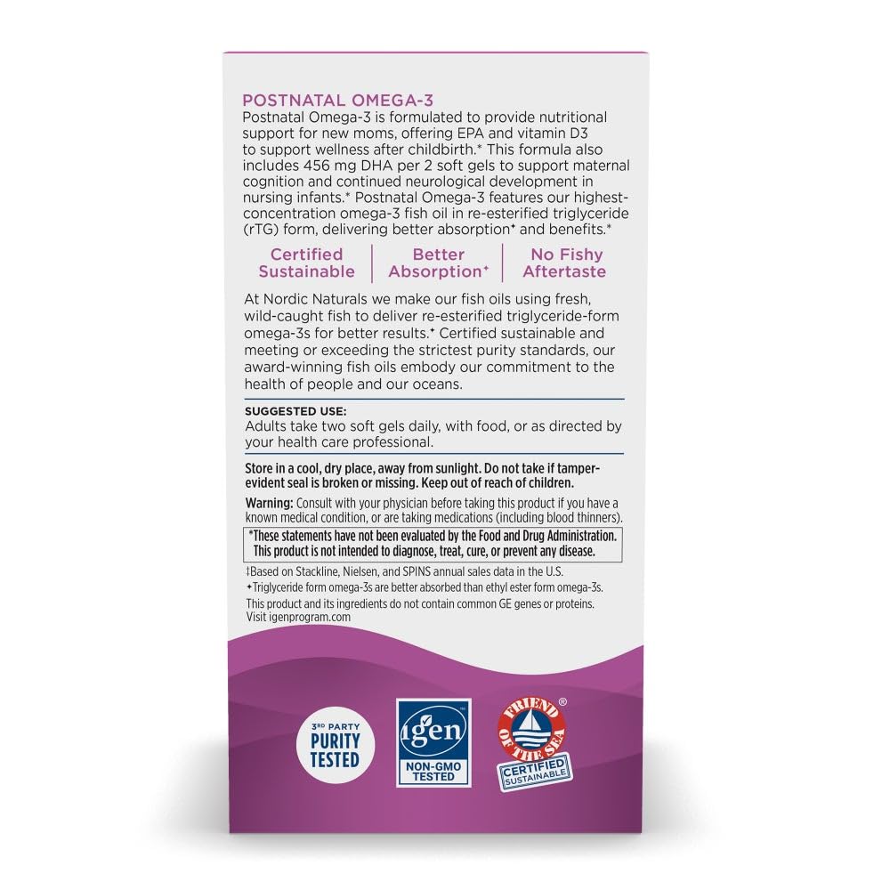 Nordic Naturals Postnatal Omega-3 lemon bottle pouring capsules into a glass for routine.