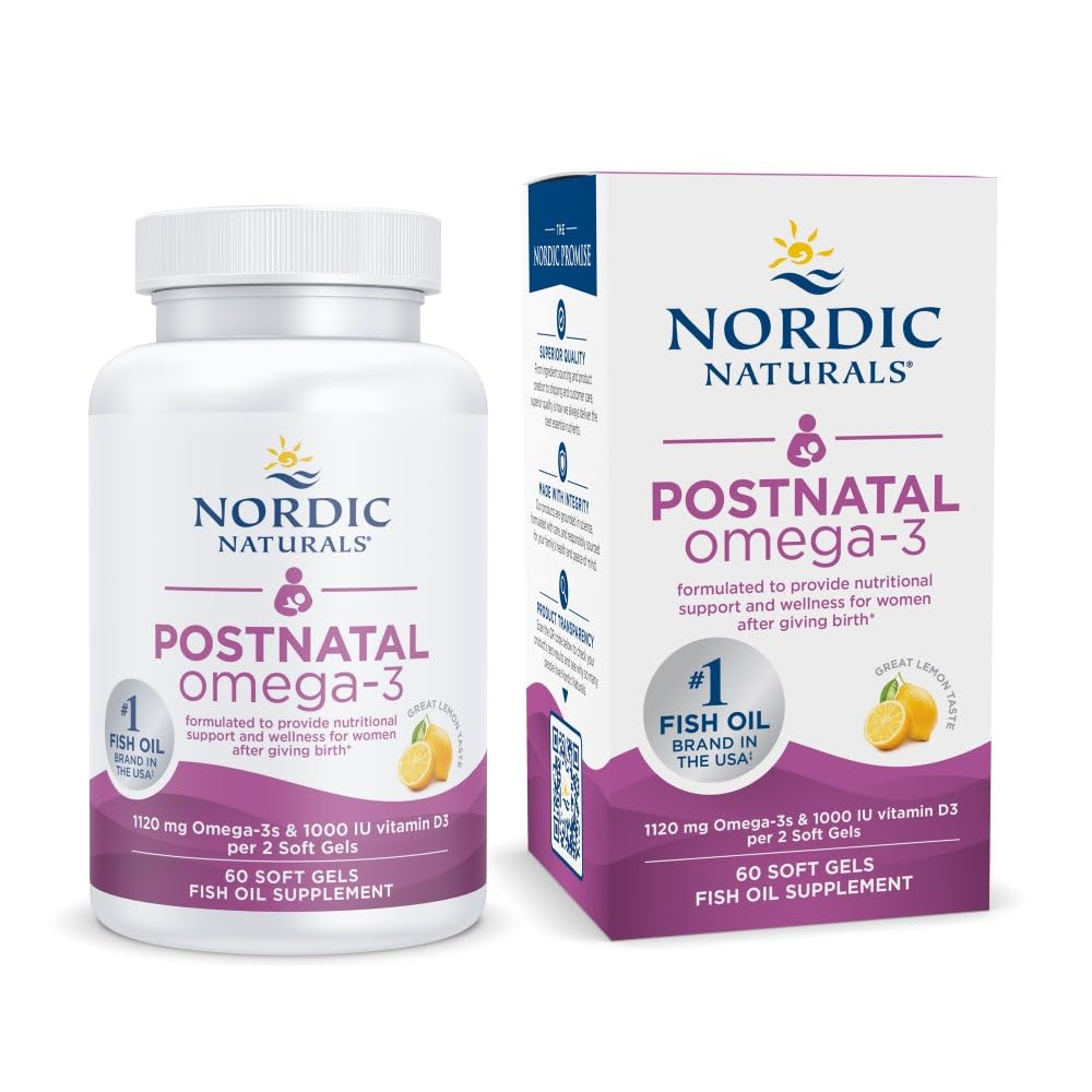 Nordic Naturals Postnatal Omega-3 lemon bottle on a table supports mood and metabolism.