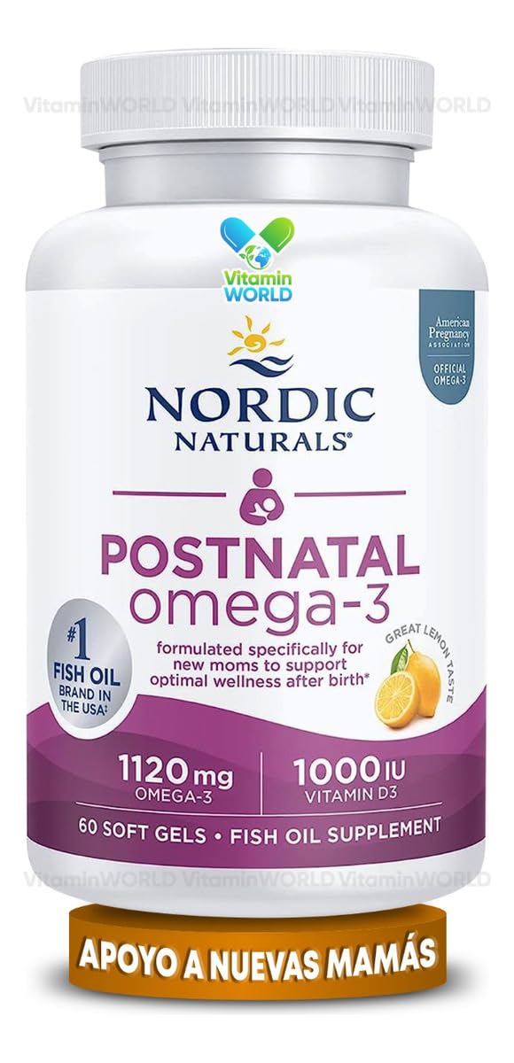 Nordic Naturals Postnatal Omega-3 lemon label on bottle highlights omega-3 benefits.