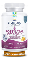 Nordic Naturals Postnatal Omega-3 lemon label on bottle highlights omega-3 benefits.