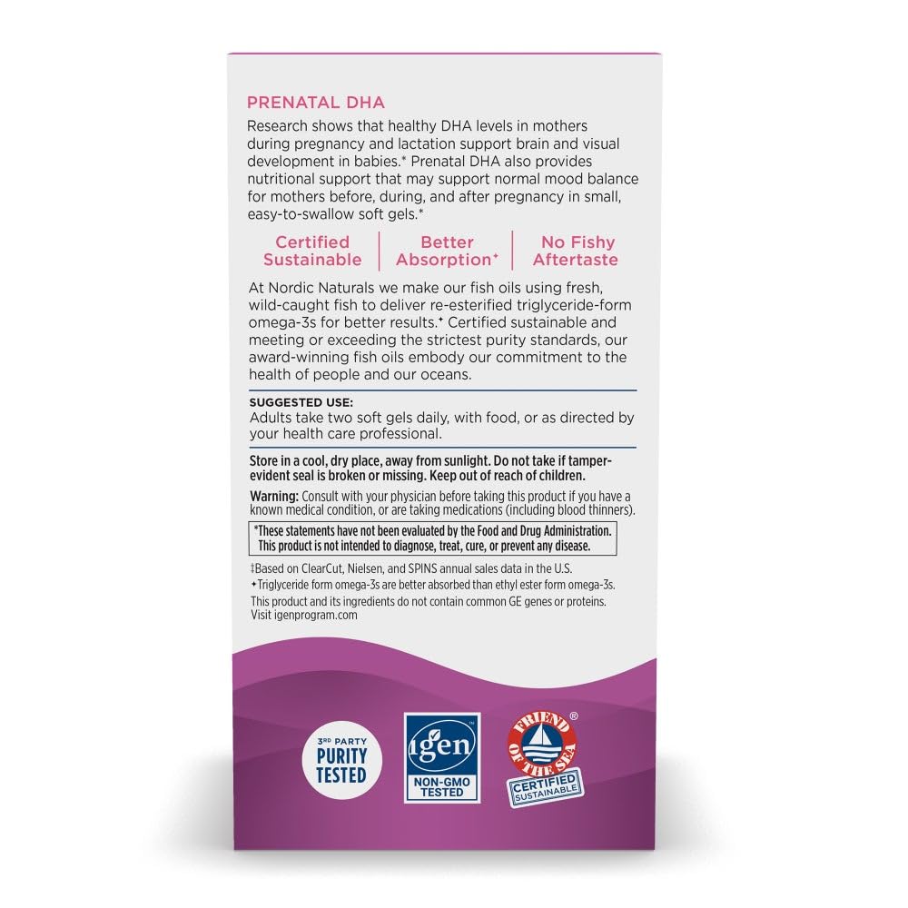 Nordic Naturals Prenatal DHA bottle front, unflavored formula for sensitive stomachs.