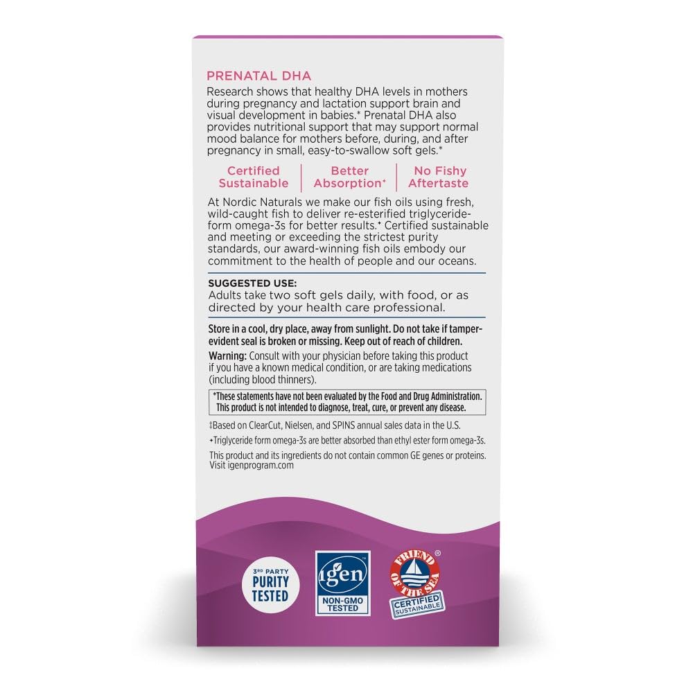Nordic Naturals Prenatal DHA bottle label with Vitamin D3 for bone and mood support