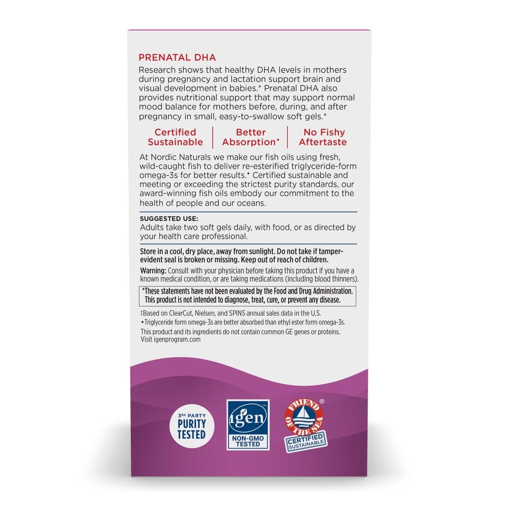 Nordic Naturals Prenatal DHA soft gels close-up highlighting triglyceride form for absorption.