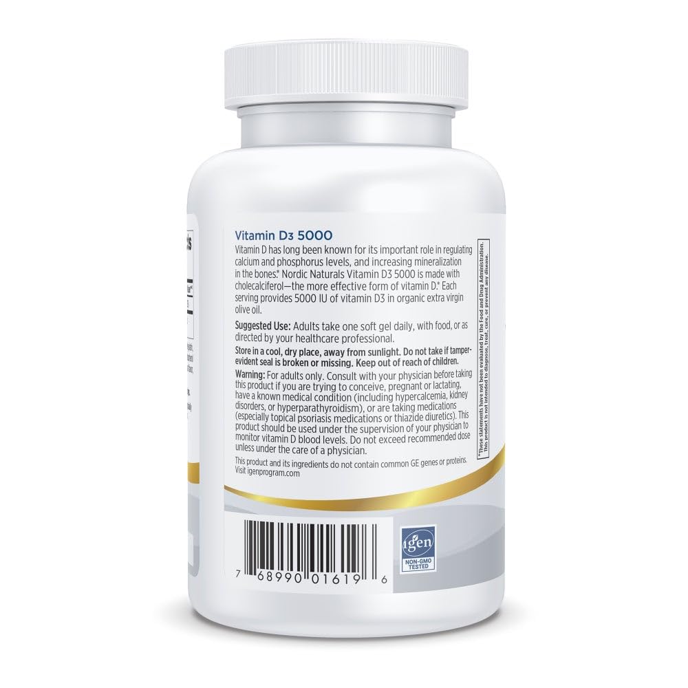 Nordic Naturals Pro Vitamin D3 5000 bottle with pour demonstrates simple daily routine.