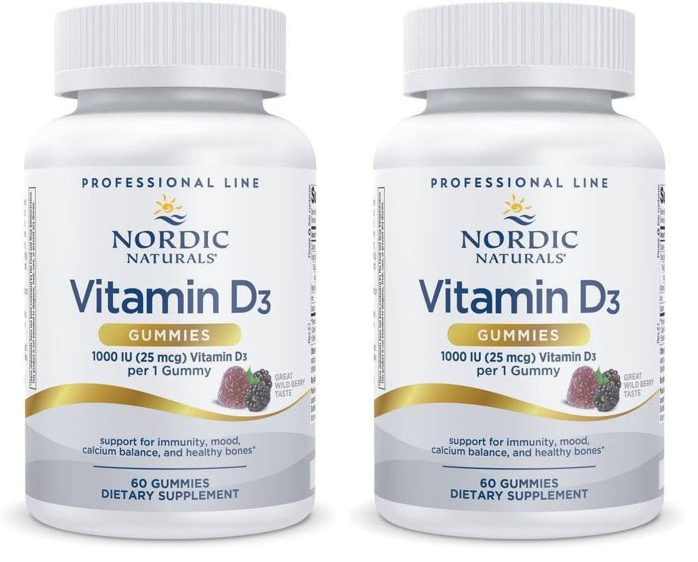 Nordic Naturals Pro Vitamin D3 Gummies Wild Berry bottle shows daily bone support and easy dosing.